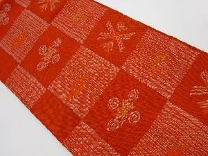 リサイクル　手織り紬市松に抽象模様織出し名古屋帯